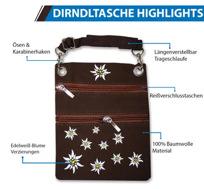 Produktbild von Trachtentasche Dirndl Tasche mit Edelweiss Trachten Baumwolltasche, Farbe:Schwarz