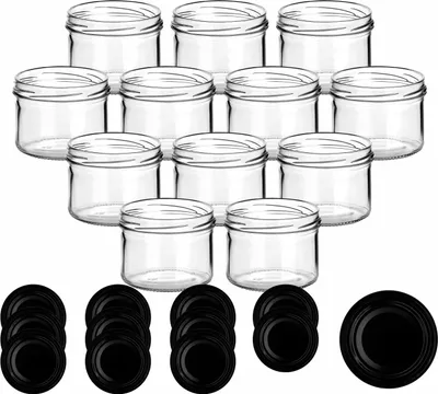Immagine prodotto di set di 12 barattoli da conserva 230 ml rotondi con tappo a vite nero BS - barattoli da conserva con tappo a vite TO82 - barattolo per marmellata, barattolo con tappo a vite