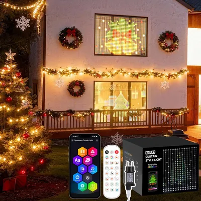 Image de 3x2m LED Rideaux lumineux, contrôle par app, guirlande lumineuse DIY avec motifs personnalisés, couleurs RGB, IP65, lumière synchronisée par musique pour Noël/fête