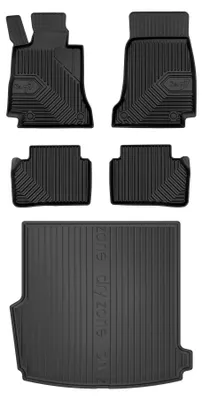 Image de Tapis en caoutchouc + bac de coffre pour Mercedes-Benz Klasa E S213 2016-2023 (break, coffre standard) – 5 pièces, noirs, sur mesure