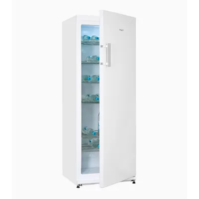 A white upright refrigerator with its door open, revealing bottles on shelves.