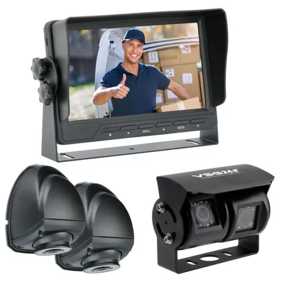 Produktbild von 7" Rückfahrkamera Set RUNDUMBLICK | QUAD-Monitor, Doppellinsen & Seitenkamera-Set 90°,120° und 150° Blickwinkel Transporter, Wohnmobil & LKW RVS-24512