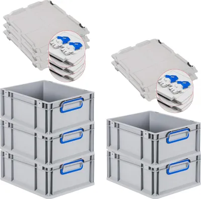 Produktbild von SuperSparSet 5x Eurobox NextGen Color mit Scharnierdeckel und Schiebeschnappverschlüssen | HxBxT 17x30x40cm | 16 Liter | Grau | Griffe blau geschlossen | Glatter Boden | Eurobehälter, Transportbox, Transportbehälter, Stapelbehälter