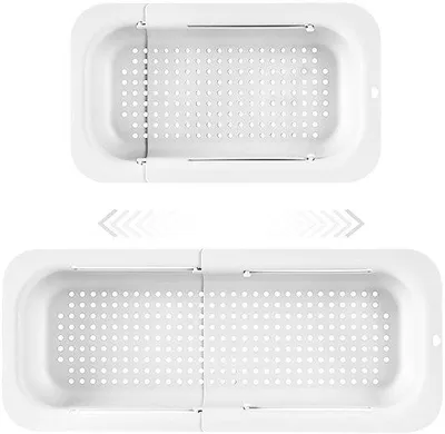 Immagine prodotto di Ibenzoa® Griglia estraibile per lavello da cucina – regolabile da 34 a 47 cm, realizzata in PP senza BPA, resistente al calore fino a 100 °C, con fori di scarico di 0,5 cm per il drenaggio