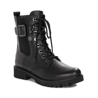 A black leather boot on a white background.