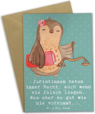 Produktbild von Mr. & Mrs. Panda Grußkarte Juristin Recht - Meeresbrise - Geschenk, hochzeitskarten, Juristinnen haben immer, Berufsliebe, Berufsgestaltung, Gesetz, Jura, osterkarte