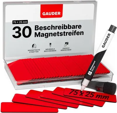 Produktbild von Magnetische Etiketten, herbruikbare Magnetbögen für Whiteboards, Schulbögen, Kanbanbögen und Kühlschränke, Magnetkarten mit Marker, 30 Stück, 75 x 25 mm