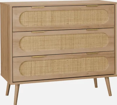Produktbild von sweeek Kommode mit Holzdekor und abgerundetem Rohrgeflecht, Natur, 3 Schubladen, modern skandinavisch, 79 x 39 x 90 cm (B x T x H), 28,4 kg, goldfarbene Metall-Zirkelbeine