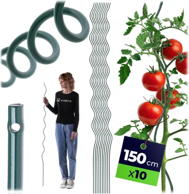 Zdjęcie produktu dla KADAX Drążki spiralne do pomidorów 150 cm x 6 mm, zestaw 10 sztuk, drążki spiralne ze stali z powłoką z tworzywa sztucznego, drążki do pomidorów, podpory dla pomidorów i roślin pnących, drążki do roślin