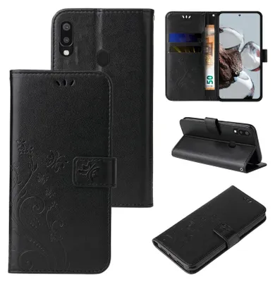 Produktbild von Handyhülle für Samsung Galaxy A20e Floral Blumen Schmetterling Flip Cover Hülle Case Klapphülle Handytasche Farbe: Schwarz