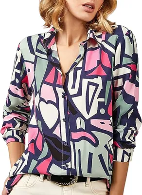 Image de ASKSA Chemise Femme Manches Longues Col V Rayures Tops Boutons Chemises, Bleu, XL