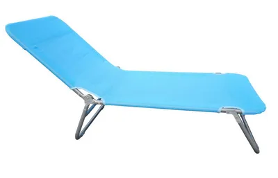 A blue and gray folding lounge chair on a white background.