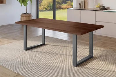 Produktbild von Refurbished Möbelretoure Esstisch 220x100 cm Baumkante Holz Nussbaum-Optik U-Gestell Metall schwarz JULIUS