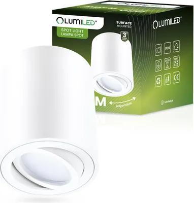 Produktbild von LUMILED bodové svítidlo pro povrchovou montáž, stropní svítidlo pro povrchovou montáž, stropní bodové svítidlo, kulaté, otočné o 15°, v bílé barvě, bodové stropní svítidlo z hliníku, patice GU10, 230V, délka: 8 cm, výška: 8,4 cm