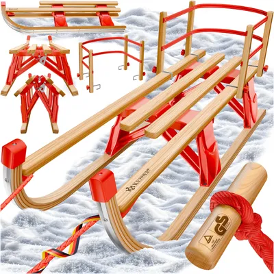 Produktbild von KESSER® Holzschlitten Premium Schlitten faltbar Kinder Faltschlitten Kinderschlitten aus Buchenholz inkl. Zugseil Schieber Metallkufen