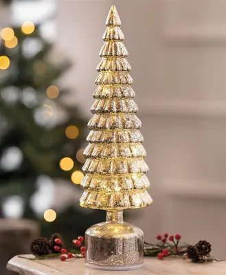 Produktbild von LED Deko "Tanne" aus Glas in Bauernsilber Optik, drehend, funkelnde Weihnachtsdeko mit 20 warmweißen Lichtern, Weihnachtsfigur 40 cm hoch