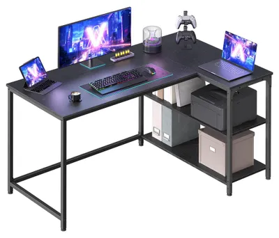 Image de Bureau d'angle en forme de L avec étagère réglable | Noir ébène | 120x80x76 cm
