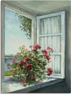 Produktbild von ARTland Leinwandbild Geranien am Fenster Größe: 60x80 cm
