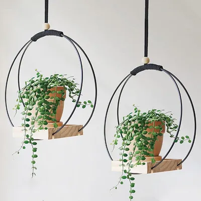 Produktbild von 2Stk Hängendes Blumentopf Regal mit Innen-Hängenden Blumentöpfen, Balkon-Dekoration, Pflanzen, Wohnzimmer, Holz-Regal, Blumenampel, rund, schwarz