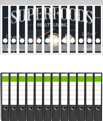 Produktbild von Wallario 12 Stück schmale Ordner inkl. Klebeetiketten mit Motive Superfoods auf einer Schieferplatte - Gesunde Ernährung -  Set mit Rückenschildern / Ordnerrücken Stickern