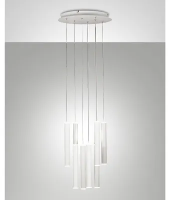 Produktbild von Fabas Luce Prado runde Pendelleuchte mit 8 Lichtern - 52 W dimmbare LED - mattweiße runde Deckenrosette