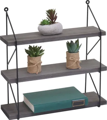 Produktbild von Wandregal HWC-K78, Hängeregal Schweberegal Regal, 3 Regalböden Metall Massiv-Holz Industrial 40x40x13cm  dunkelgrau