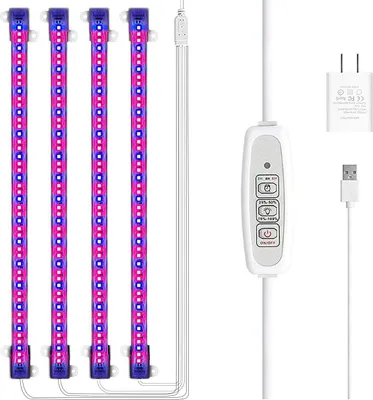 A set of four LED grow light bars with a controller and power adapter, arranged on a white background.