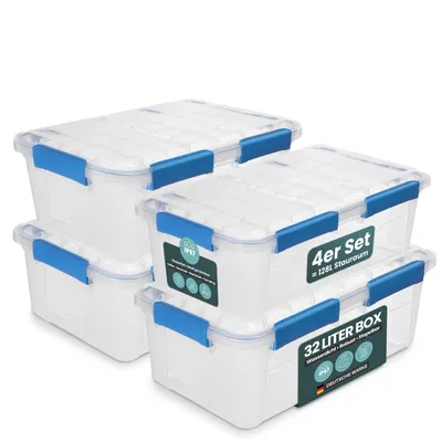 Produktbild von Kreher® Aufbewahrungsbox 32 L mit Deckel - wasserdicht & staubdicht, transparent & stapelbar, BPA- & schadstofffrei, robuste Kunststoffbox (4 Stück)