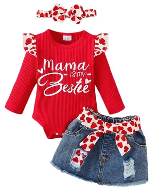 Produktbild von Baby-Mädchen-Body mit Rüschen und Jeansrock-Set