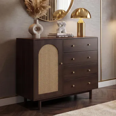 Produktbild von Kommode HWC-P52, Schrank Sideboard Highboard, Schubladen Staufächer, Poly-Rattan MDF Melamin 95x100x40cm  Walnuss-Optik