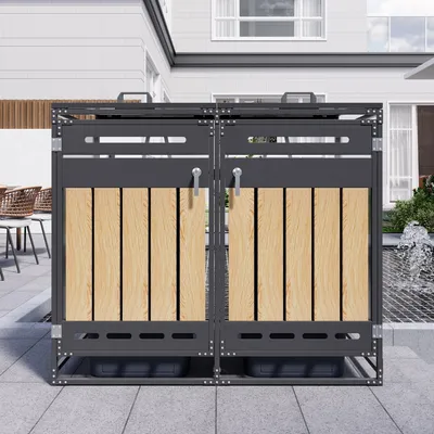 Productafbeelding van Containerberging met hydraulisch deksel, 2 aparte vakken, afsluitbare deuren, ventilatieopeningen en verticale houtlookpanelen, zwart ijzer voor buitengebruik