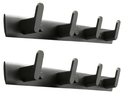 Productafbeelding van Set met 2 zwarte wandhaken, een 35 cm lange metalen haakstrip met 4 haken, en zelfklevende wandhaken. Geschikt voor montage zonder boren, ideaal voor badkamers, slaapkamers, kledingkasten en gangen.