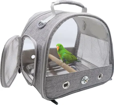Produktbild von Vogel-Tragetasche mit Stehstange und Edelstahl-Tablett, atmungsaktiv, zusammenklappbar, für kleine Vögel, Reisetasche für Papageien, Sittiche, Kleintiere für Reisen, Wandern, Camping (grau)