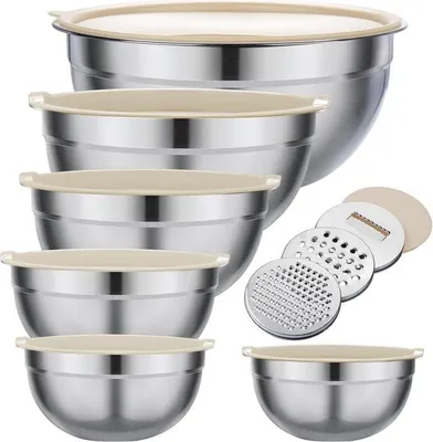 Produktbild von Rührschüssel-Set, 6-teilig, Edelstahl-Rührschüsseln mit 3 Mahlaufsätzen, Küchen-Organizer, stapelbare Rührschüsseln, Geschirr