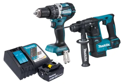 Image de Makita DLX 2278 RT1 Kit combiné batterie + Perceuse-visseuse à percussion DHP 484 54 Nm + Marteau perforateur DHR 171 1,2 J + 1x batterie 5,0 Ah + chargeur