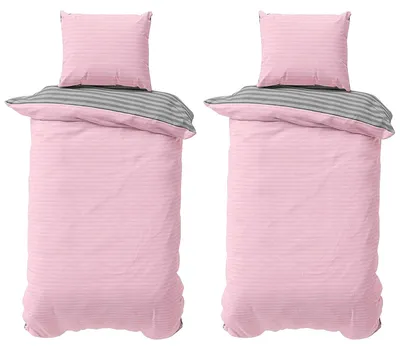 Produktbild von Baumwolle Bettwäsche 135x200 cm Rosa Grau gestreift Stripe Damast Bettbezug PolyBaumwolle Wendebettwäsche 4 teilig