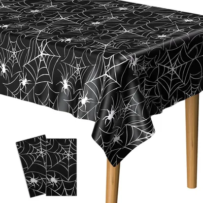 Productafbeelding van Halloween tafelkleed, 2 stuks, spinnenweb motief, kunststof, 137 x 274 cm, zwart