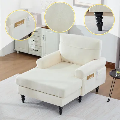 Obrázek produktu pro Minimalistická jednosedací pohovka z chenille s dřevěnými nohami a bočními kapsami, béžová, do obývacího pokoje a ložnice