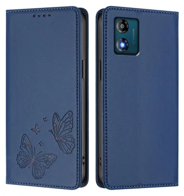 Produktbild von Lederhülle für Motorola Moto E13, Schmetterling Prägung Leder Brieftasche Schutzhülle mit Ständer Dunkelblau