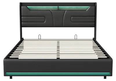 Image de Lit avec coffre de rangement 160x200 cm - Lit double avec espace de rangement et tête de lit - Éclairage LED - Port USB - Sommier à lattes - Similicuir noir