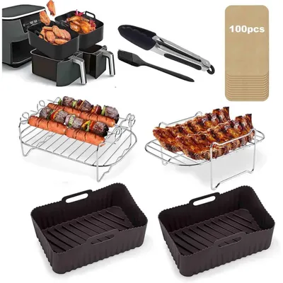 Immagine prodotto di Set di accessori per friggitrici ad aria, 110 pezzi, compatibile con friggitrici ad aria Dual: 2 rivestimenti in silicone, 100 rivestimenti in carta, griglia in acciaio inossidabile