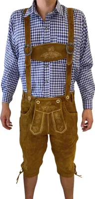 Produktbild von Premium Deluxe Lederhose Herren Tracht Kneelength Trachtenhose Herren Traditional Lederhose Mit Riemen für Herren Oktoberfest Hose Mittelbraun, Größe: 52 Farbe: Hellbraun