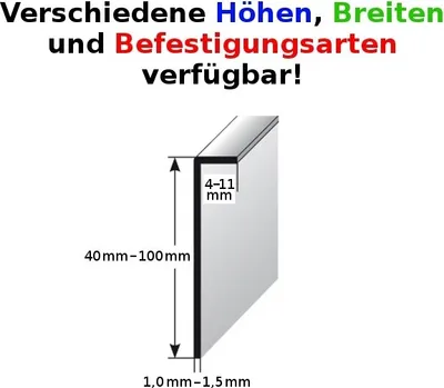 Produktbild von Einklebe-Sockelleiste für Designbeläge, Höhe: 80 mm, Breite: 11 mm, Aluminium (silber eloxiert), ungebohrt, Typ: 464
