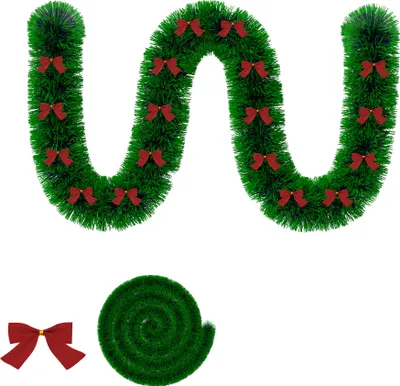 Produktbild von XMTECH Festliche Weihnachtsgirlande Grün mit Grüner Kante & Schleifen Künstliche Tannengirlande für Innen & Außen, Weich & Echt-Look, 10m