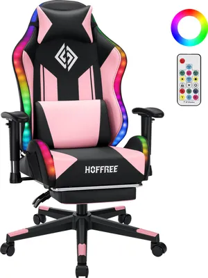 A pink and black gaming chair with LED lights and a remote control.