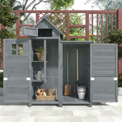 Produktbild von Outdoor Geräteschrank aus Tannenholz, wetterfest, doppelter Türenschrank, großes Stauraum für Gartenwerkzeuge, Gartengeräte & Gepäck, grau