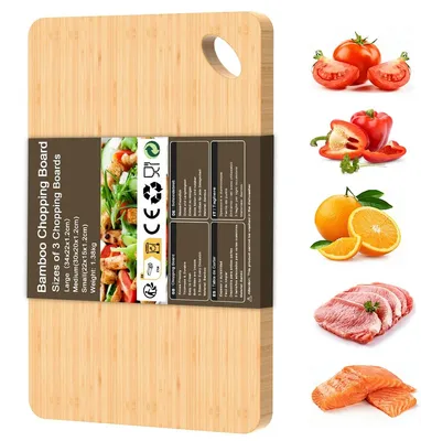 Image de Lot de planches à découper en bambou, grandes planches en bois, polyvalentes : peuvent servir de planches de cuisine, de planches à pain, de planches de service et de planches à découper pour la viande, les légumes et le pain, 34 x 22 x 1,2 cm
