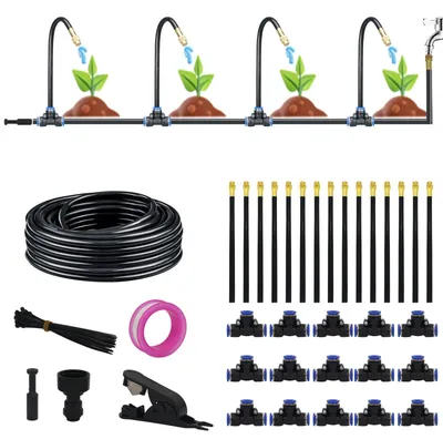 Imagen del producto de Sistema de riego automático de 360° ajustable, con 15 aspersores, 15 metros de manguera, para jardín