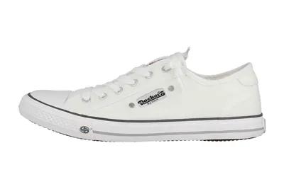 A side view of a white canvas sneaker.