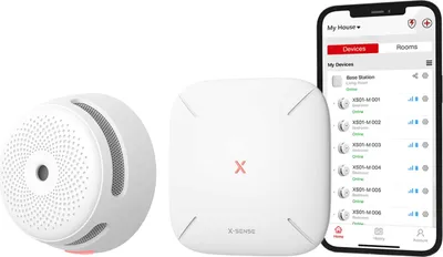 A smart smoke detector bundle including a smoke detector, a base station, and a smartphone displaying the app interface.